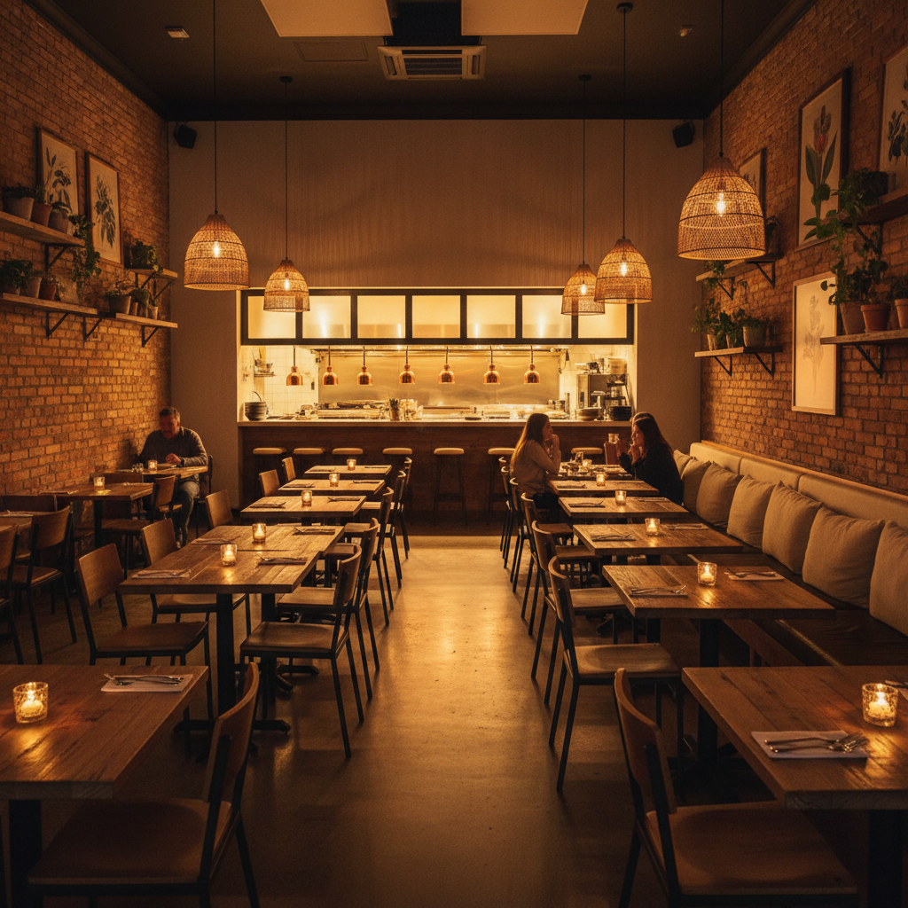 A warm restaurant dining room ready for guests