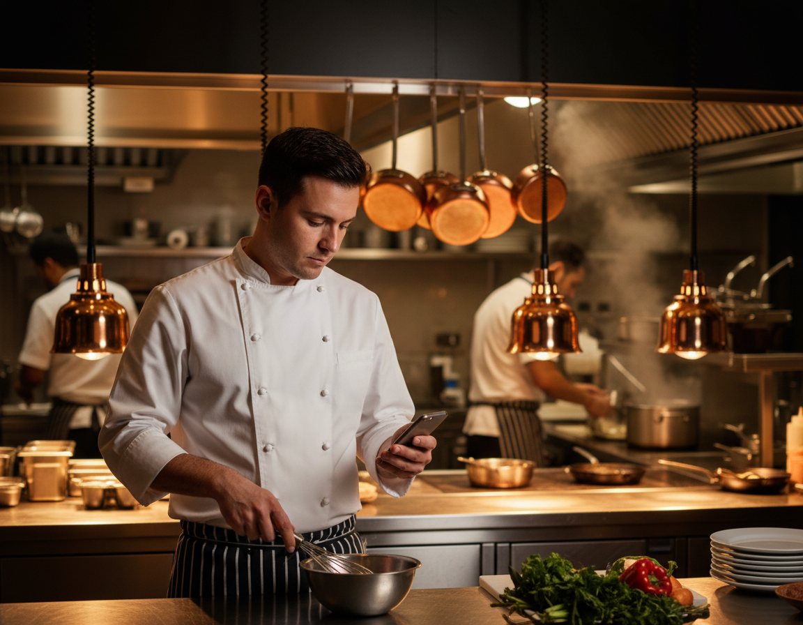 A chef preparing food in a warm restaurant kitchen