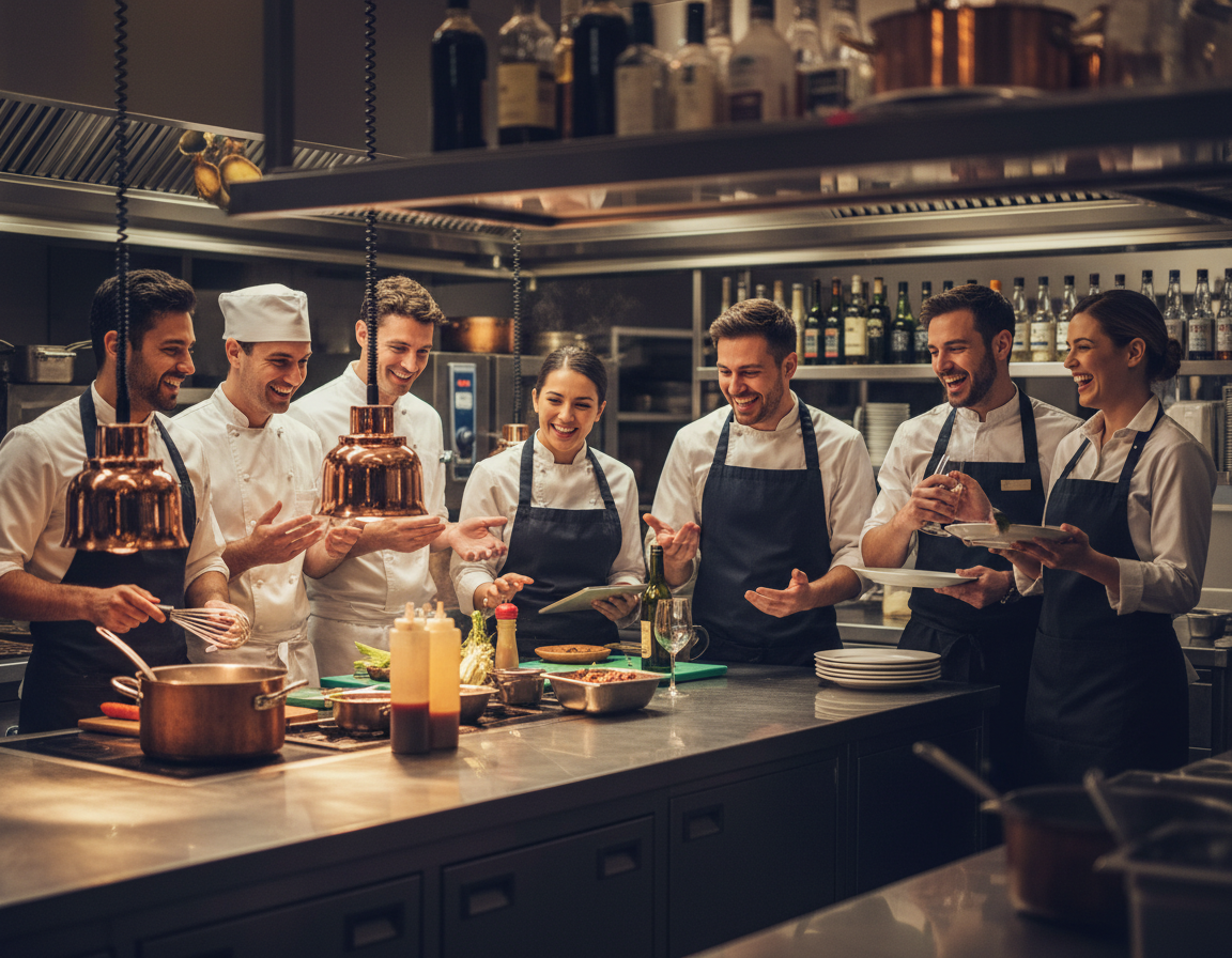 A restaurant team gathered in the kitchen