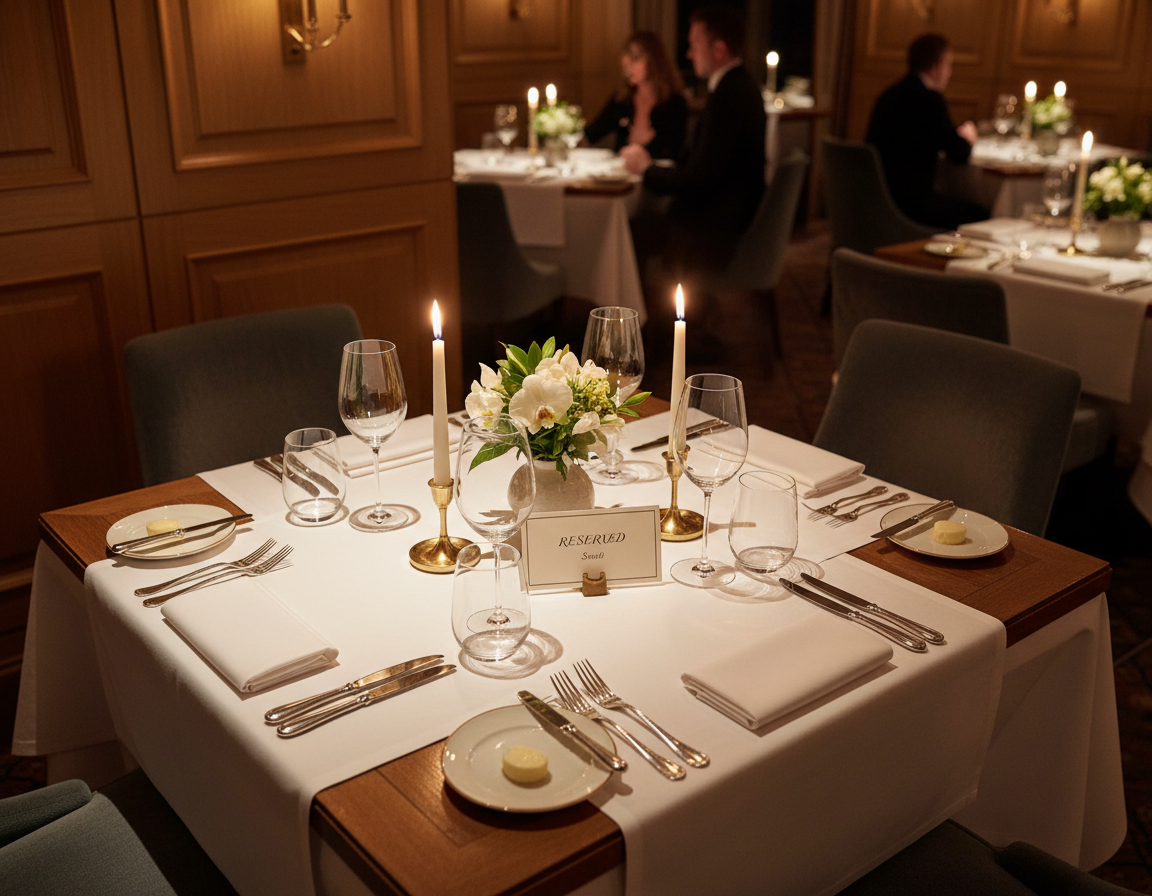A candlelit restaurant table set for a reservation